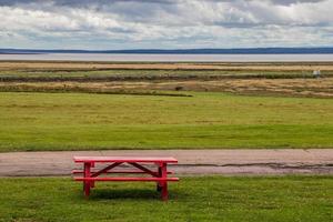 rouge pique-nique table à une bord de mer parc dans nova ecosse, Canada photo
