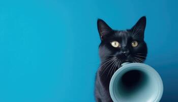 chat détient une haut-parleur et attire attention sur une bleu arrière-plans. Créatif idée de publicité. génératif ai photo