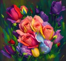 une bouquet de coloré fleurit, une brillant paysage fleuri, une de fête floral affichage, floral pétrole La peinture sur Toile , encore la vie fleurs peinture, conçu avec artificiel intelligence, génératif ai photo