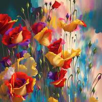 une bouquet de coloré fleurit, une brillant paysage fleuri, une de fête floral affichage, floral pétrole La peinture sur Toile , encore la vie fleurs peinture, conçu avec artificiel intelligence, génératif ai photo