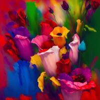 une bouquet de coloré fleurit, une brillant paysage fleuri, une de fête floral affichage, floral pétrole La peinture sur Toile , encore la vie fleurs peinture, conçu avec artificiel intelligence, génératif ai photo