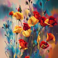 une bouquet de coloré fleurit, une brillant paysage fleuri, une de fête floral affichage, floral pétrole La peinture sur Toile , encore la vie fleurs peinture, conçu avec artificiel intelligence, génératif ai photo