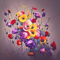 une bouquet de coloré fleurit, une brillant paysage fleuri, une de fête floral affichage, floral pétrole La peinture sur Toile , encore la vie fleurs peinture, conçu avec artificiel intelligence, génératif ai photo