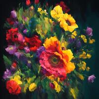 une bouquet de coloré fleurit, une brillant paysage fleuri, une de fête floral affichage, floral pétrole La peinture sur Toile , encore la vie fleurs peinture, conçu avec artificiel intelligence, génératif ai photo