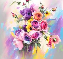 une bouquet de coloré fleurit, une brillant paysage fleuri, une de fête floral affichage, floral pétrole La peinture sur Toile , encore la vie fleurs peinture, conçu avec artificiel intelligence, génératif ai photo