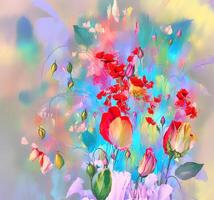 une bouquet de coloré fleurit, une brillant paysage fleuri, une de fête floral affichage, floral pétrole La peinture sur Toile , encore la vie fleurs peinture, conçu avec artificiel intelligence, génératif ai photo