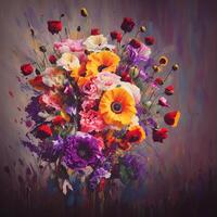 une bouquet de coloré fleurit, une brillant paysage fleuri, une de fête floral affichage, floral pétrole La peinture sur Toile , encore la vie fleurs peinture, conçu avec artificiel intelligence, génératif ai photo