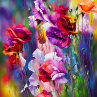 une bouquet de coloré fleurit, une brillant paysage fleuri, une de fête floral affichage, floral pétrole La peinture sur Toile , encore la vie fleurs peinture, conçu avec artificiel intelligence, génératif ai photo