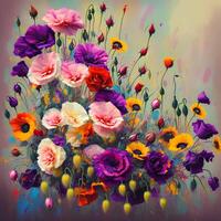 une bouquet de coloré fleurit, une brillant paysage fleuri, une de fête floral affichage, floral pétrole La peinture sur Toile , encore la vie fleurs peinture, conçu avec artificiel intelligence, génératif ai photo