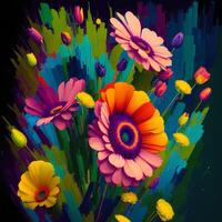 une bouquet de coloré fleurit, une brillant paysage fleuri, une de fête floral affichage, floral pétrole La peinture sur Toile , encore la vie fleurs peinture, conçu avec artificiel intelligence, génératif ai photo