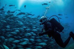 une scaphandre autonome plongeur nage parmi une haut-fond de des poissons génératif ai photo