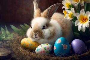 mignonne Pâques lapin séance avec Pâques des œufs ai génératif images pour Pâques journée photo