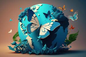 monde environnement journée avec Terre et papillon sur bleu arrière-plan, Terre journée. génératif ai photo