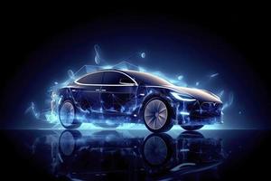 voitures électriques à vitesse abstraite dans l'illustration, les voitures électriques sont alimentées par l'énergie électrique. future energy.on fond bleu photo