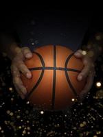 basketball Balle dans Masculin mains sur noir Contexte avec abstrait lumières photo