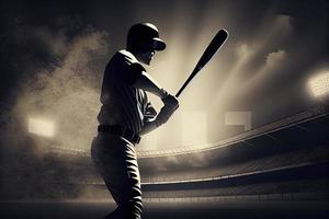 silhouette, le image de une base-ball joueur avec une chauve souris sur le Contexte de le stade photo