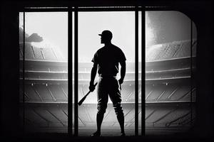 silhouette, le image de une base-ball joueur avec une chauve souris sur le Contexte de le stade photo