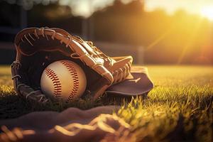 base-ball dans gant dans le pelouse à le coucher du soleil dans le soir journée avec Soleil rayon et lentille éclater lumière photo