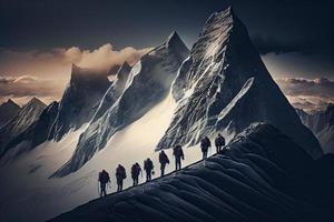 groupe de les alpinistes. plusieurs haute alpin grimpeurs dans de face de une gigantesque Montagne photo