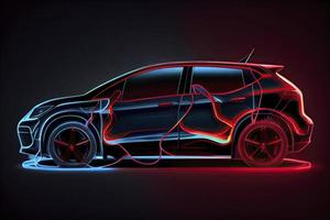 électrique suv voiture avec mise en charge station par esquisser ligne bleu et rouge couleurs isolé sur noir Contexte photo