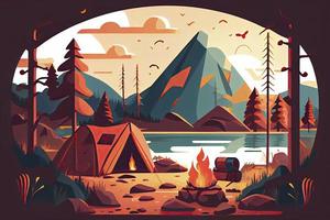 ensoleillé journée paysage illustration dans plat style avec tente, feu de camp, montagnes, forêt et l'eau. Contexte pour été camp, la nature tourisme, camping ou randonnée conception concept photo