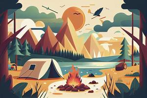 ensoleillé journée paysage illustration dans plat style avec tente, feu de camp, montagnes, forêt et l'eau. Contexte pour été camp, la nature tourisme, camping ou randonnée conception concept photo