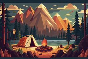 ensoleillé journée paysage illustration dans plat style avec tente, feu de camp, montagnes, forêt et l'eau. Contexte pour été camp, la nature tourisme, camping ou randonnée conception concept photo