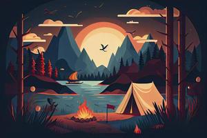 ensoleillé journée paysage illustration dans plat style avec tente, feu de camp, montagnes, forêt et l'eau. Contexte pour été camp, la nature tourisme, camping ou randonnée conception concept photo