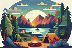 ensoleillé journée paysage illustration dans plat style avec tente, feu de camp, montagnes, forêt et l'eau. Contexte pour été camp, la nature tourisme, camping ou randonnée conception concept photo