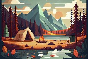 ensoleillé journée paysage illustration dans plat style avec tente, feu de camp, montagnes, forêt et l'eau. Contexte pour été camp, la nature tourisme, camping ou randonnée conception concept photo