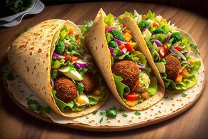 tortilla emballage avec falafel et Frais salade végétalien tacos végétarien en bonne santé nourriture par ai généré photo