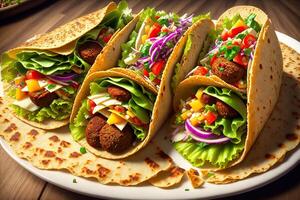 tortilla emballage avec falafel et Frais salade végétalien tacos végétarien en bonne santé nourriture par ai généré photo