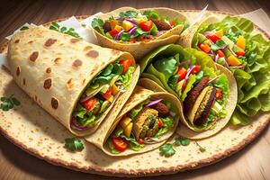 tortilla emballage avec falafel et Frais salade végétalien tacos végétarien en bonne santé nourriture par ai généré photo