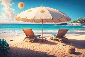 Soleil chaises longues et une parasol par le mer par ai généré photo
