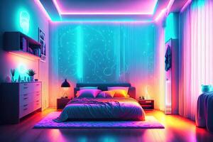 moderne chambre intérieur avec néon lumières embrasé ambiant dans le soir luxueux élégant par ai généré photo