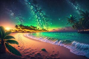 nuit mer côté noix de coco arbre vert pelouseplage étoile galaxie par ai généré photo