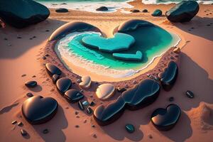 cœur fabriqué en dehors de rochers sur une plage par ai généré photo