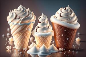 Chocolat vanille la glace crème cône les publicités avec la glace cubes et flocons de neige par ai généré photo