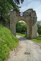 vieux pierre historique porte dans se ruiner avec un vieux pierre Château dans Pologne dans dobczyce photo