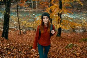 une voyageur dans une rouge chandail et une chapeau des promenades dans le l'automne forêt près une Montagne rivière Haut vue photo