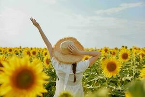 femme avec nattes dans une champ avec épanouissement tournesols inchangé photo