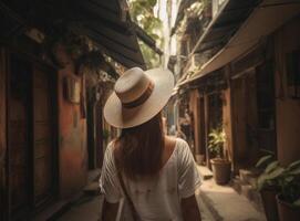 fille portant une chapeau comme elle des promenades dans le étroit rue. illustration ai génératif photo