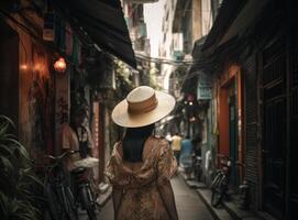 fille portant une chapeau comme elle des promenades dans le étroit rue. illustration ai génératif photo