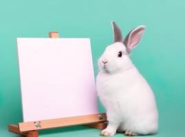 une mignonne lapin lapin avec Vide tableau blanc sur isolé pastel Couleur arrière-plan, content Pâques concept, génératif ai photo