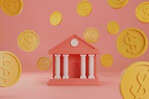 3d rendre or pièce de monnaie chute autour banque sur rouge arrière-plan, financier 3d modèle Contexte photo