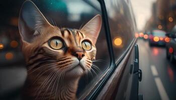 marrant chat monte dans une voiture et regards en dehors de le fenêtre à le rue. génératif ai photo