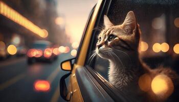 marrant chat monte dans une voiture et regards en dehors de le fenêtre à le rue. génératif ai photo