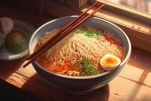 anime style savoureux ramen ni une bol sur une en bois tableau. généré ai. photo