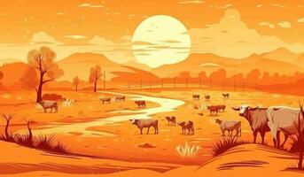 vaches pâturage sur une ferme avec lumière du soleil, ferme paysage illustration avec génératif ai photo