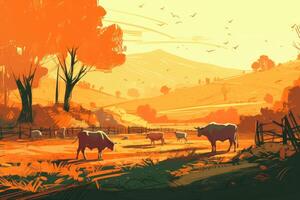 vaches pâturage sur une ferme avec lumière du soleil, ferme paysage illustration avec génératif ai photo